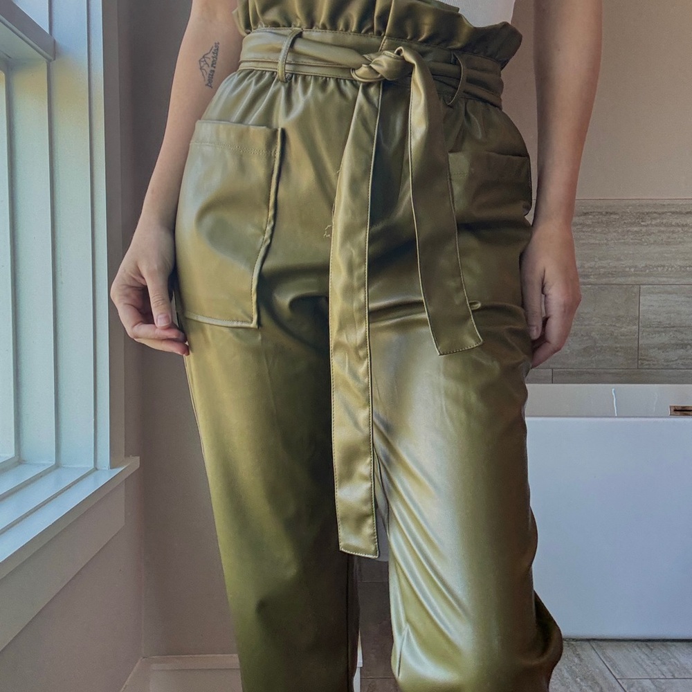 Olive Green Faux Leather Paperbag Waist Pants